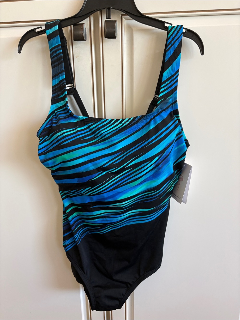 NWT Shape Solver Sport Blue & Black Striped One-Piece Swimsuit Size 10
